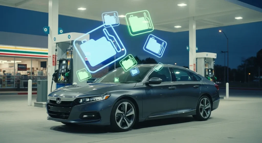 How Many Gallons Does a Honda Accord Hold shown at gas station with fuel icons and modern Honda sedan