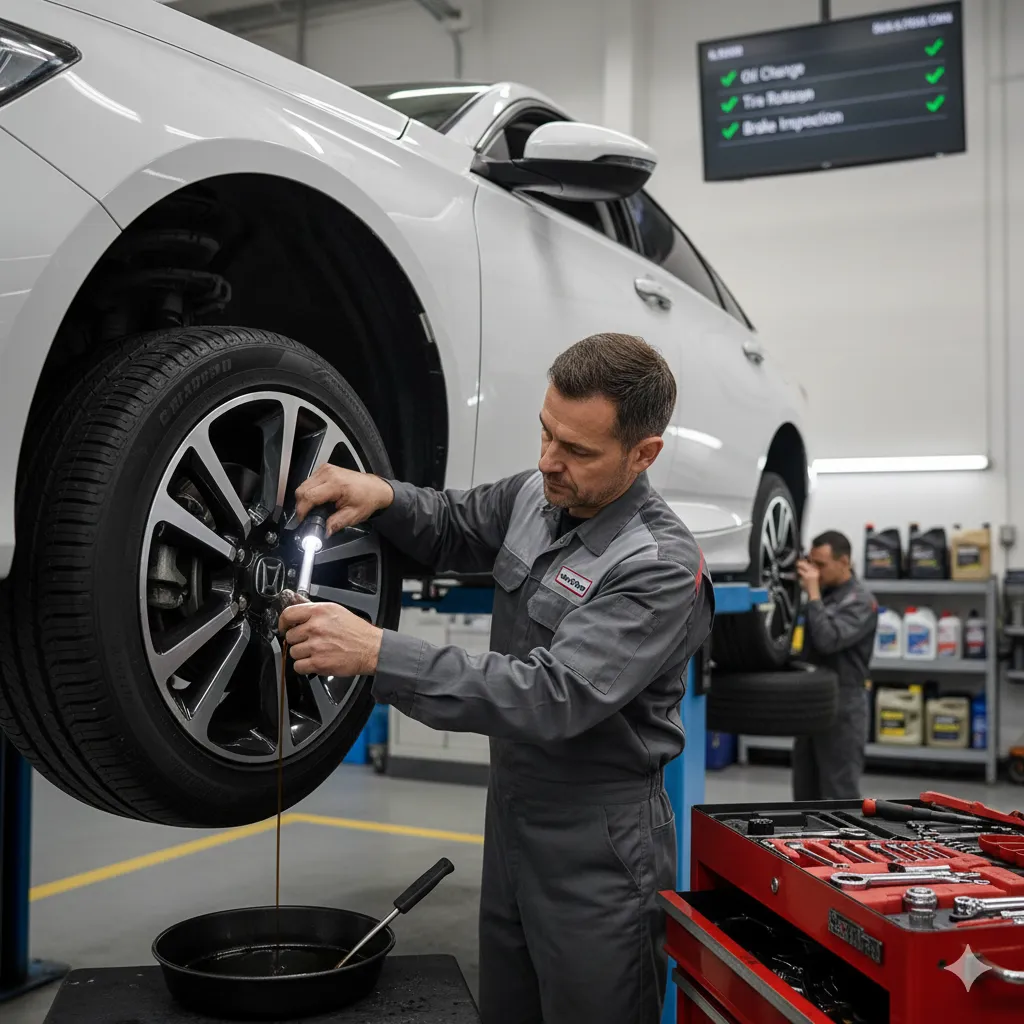Mechanic performing maintenance on a Honda Accord to show how many miles does a Honda Accord last with proper service.