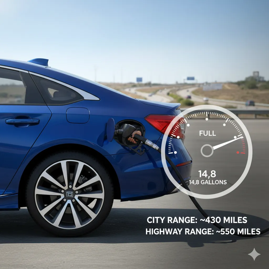 2025 Honda Accord Gas Type: Fuel Tank Capacity of 14.8 Gallons, City Range of 430 Miles, and Highway Range of 550 Miles
