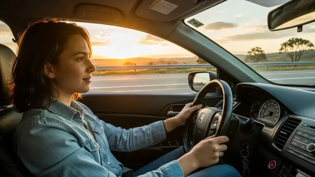 Is a Honda Accord a good first car – Proven Guide for New Drivers showing young woman driving Accord at sunset