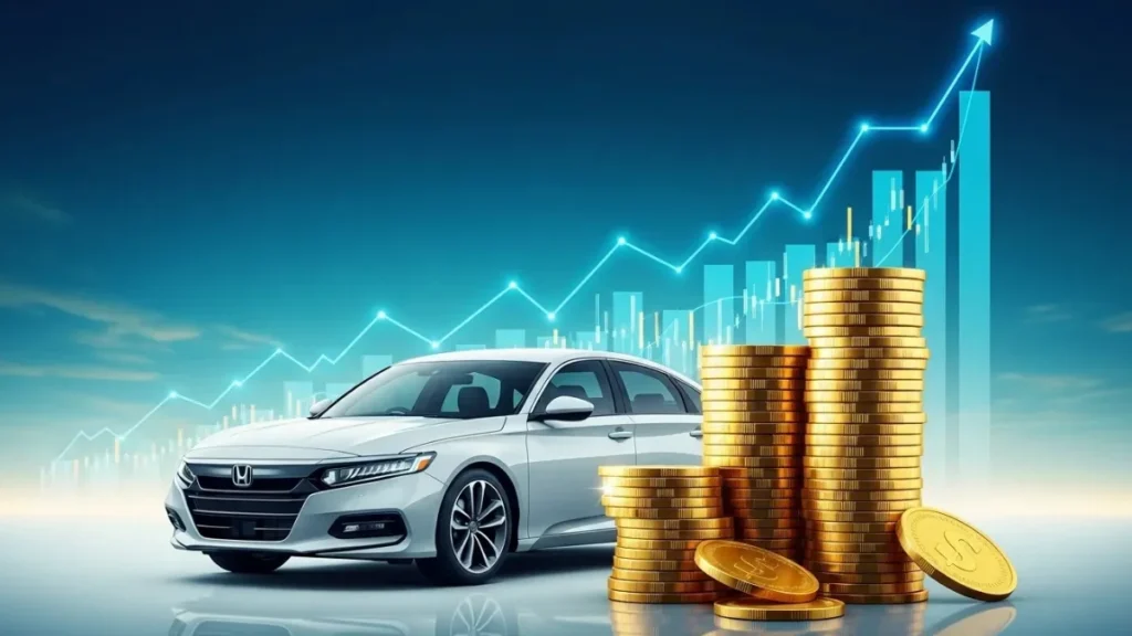 Is a Honda Accord a good first car – Proven Guide for New Drivers showing white Accord with rising coins and financial graph