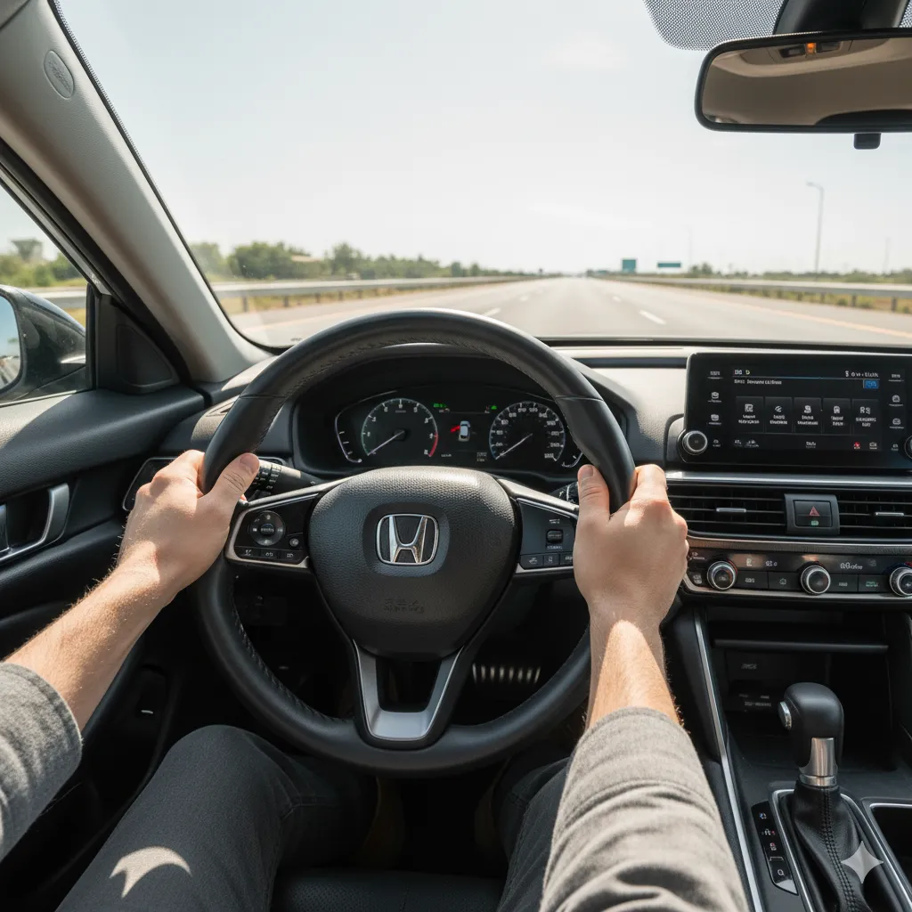 Driver holding steering wheel inside Honda Accord, illustrating how many miles does a Honda Accord last with proper care.