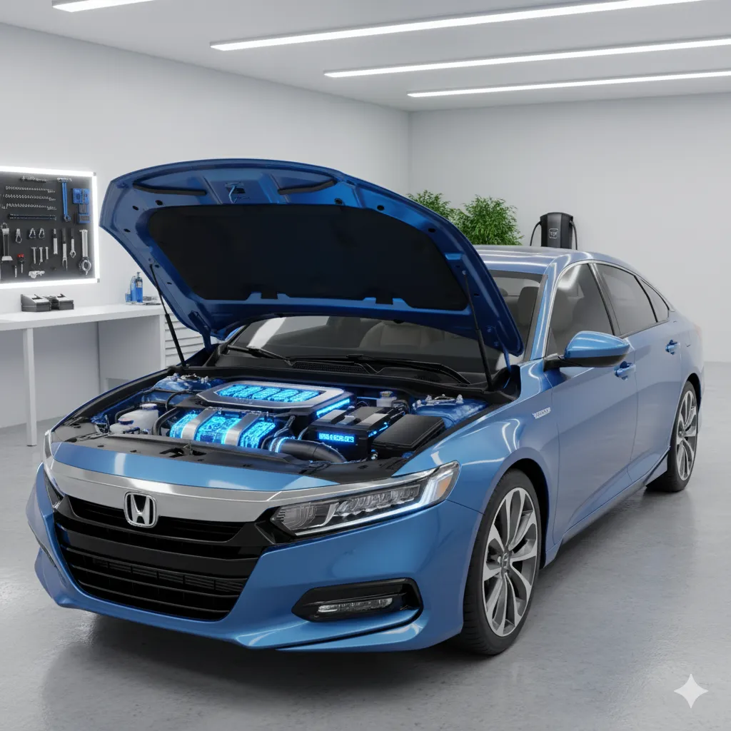 How Long Does the Honda Accord Hybrid Battery Last with car hood open showing hybrid battery system in a garage