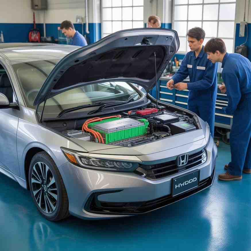 Technicians inspecting engine of a Honda hybrid car to check how often you should replace a Honda hybrid battery.