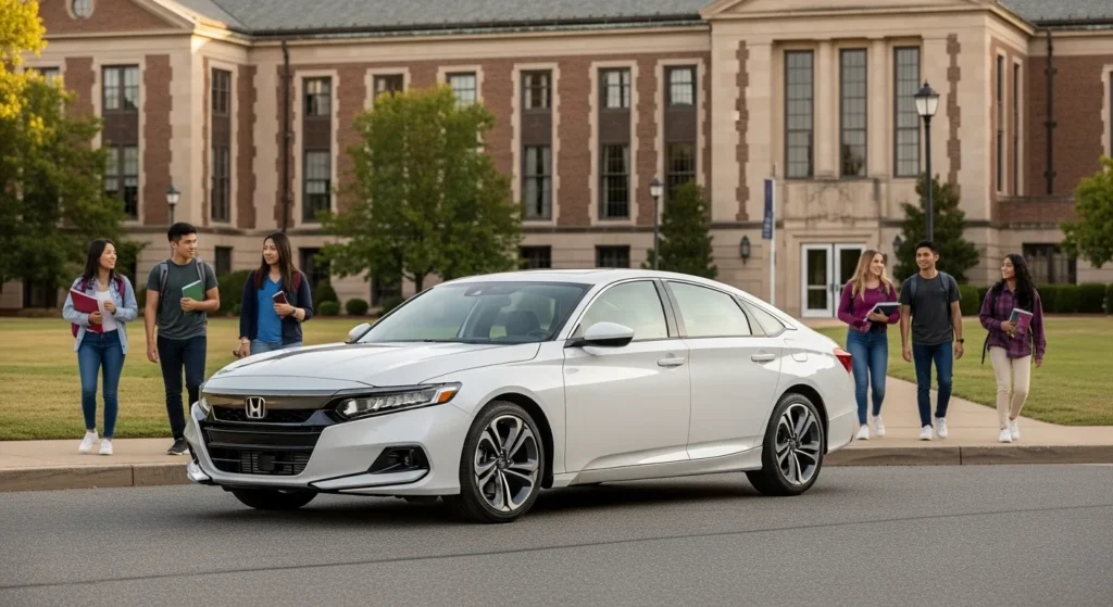 Is a Honda Accord a good first car – Proven Guide for New Drivers with students walking by white Accord on campus