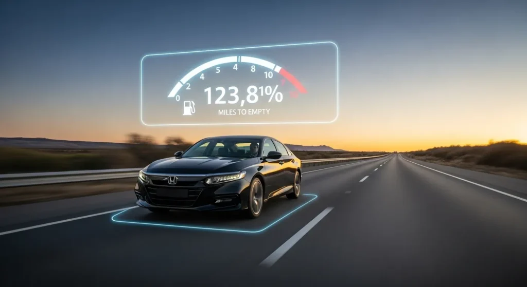 How Many Gallons Does a Honda Accord Hold shown with fuel range display on open highway during sunset
