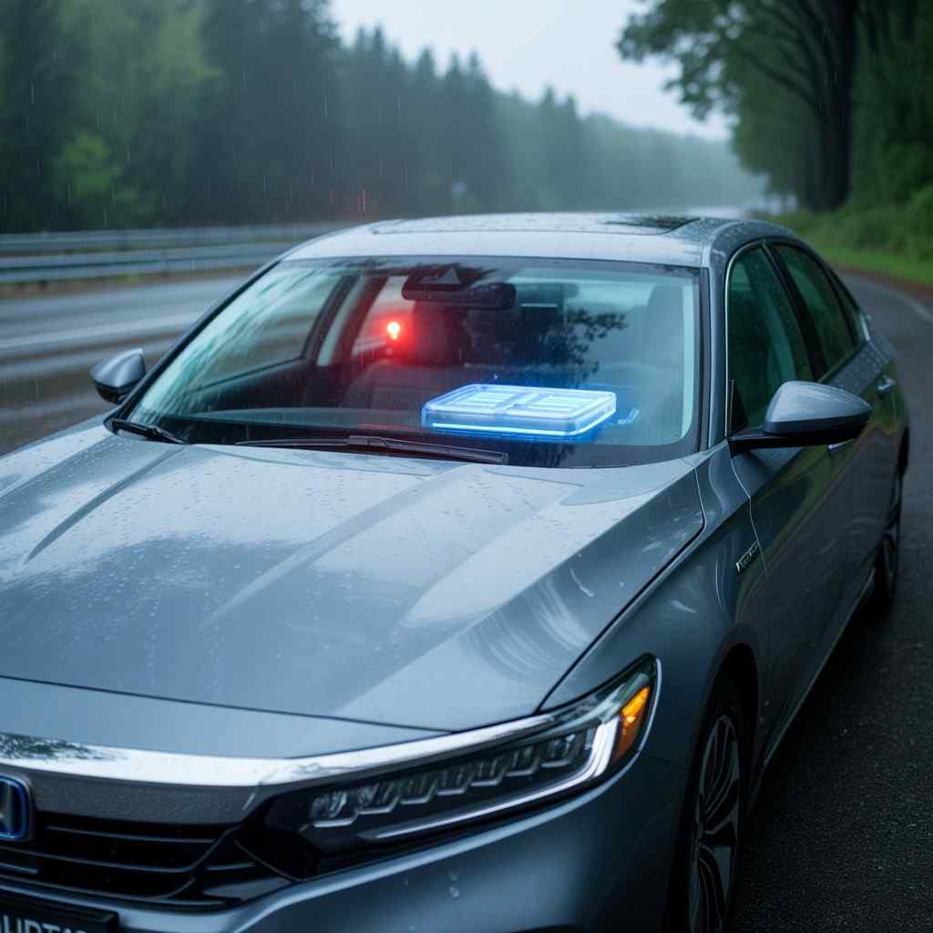 What Happens When the Honda Accord Hybrid Battery Fails? Sedan on wet road showing hybrid technology in rainy weather.
