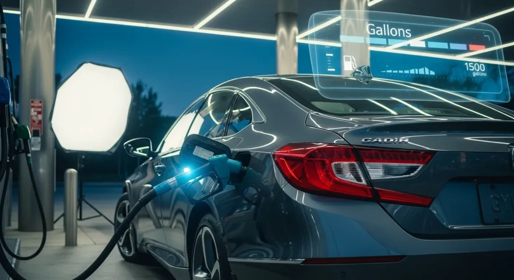 How Many Gallons Does a Honda Accord Hold – car refueling at gas station showing fuel tank capacity.
