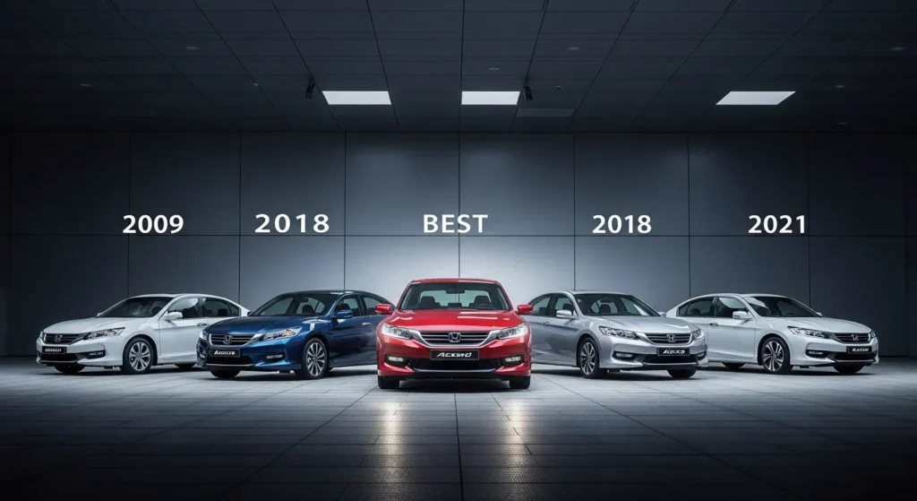 What is the best year for Honda Accord – lineup of 2009, 2018, 2021 Honda Accord models with highlighted best choice.