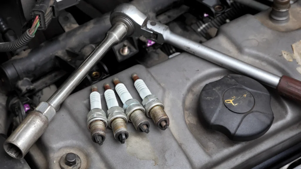Used spark plugs removed from a Honda Accord engine during maintenance – showing signs of when to replace spark plugs.