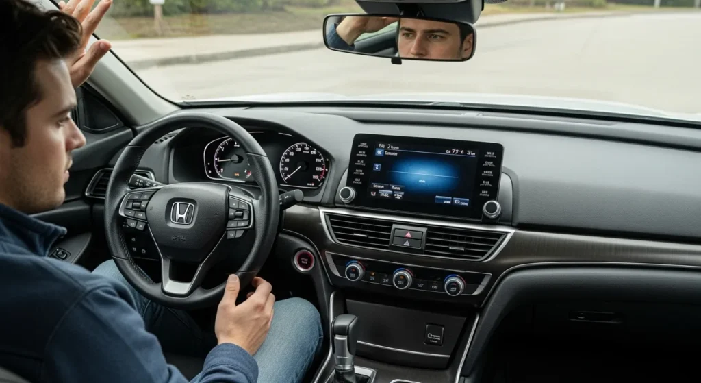 Driver checking Honda Accord dashboard avoiding years with problems like 2003 2008 and 2013 transmission failures