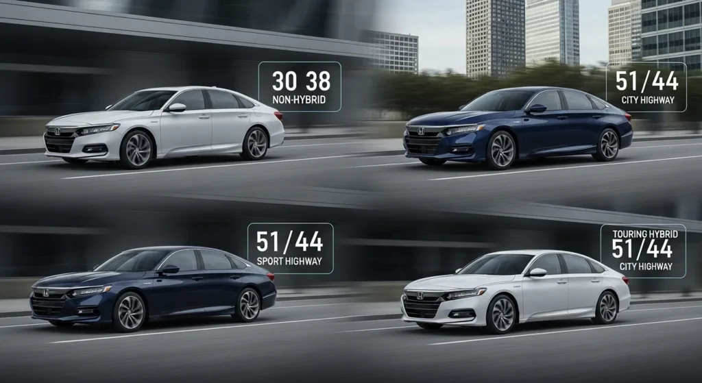 Honda Accord Hybrid MPG comparison showing 51/44 city highway for hybrid trims and 30/38 for non-hybrid models.