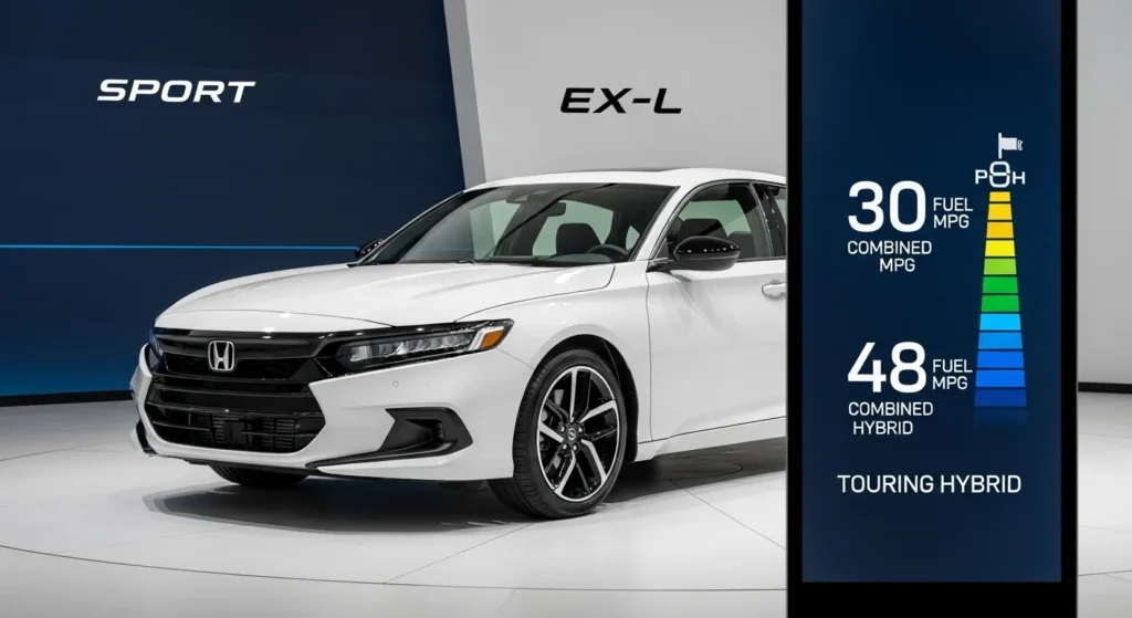 Honda Accord Hybrid MPG display showing 48 MPG combined for Touring Hybrid trim and 30 MPG for gas model.