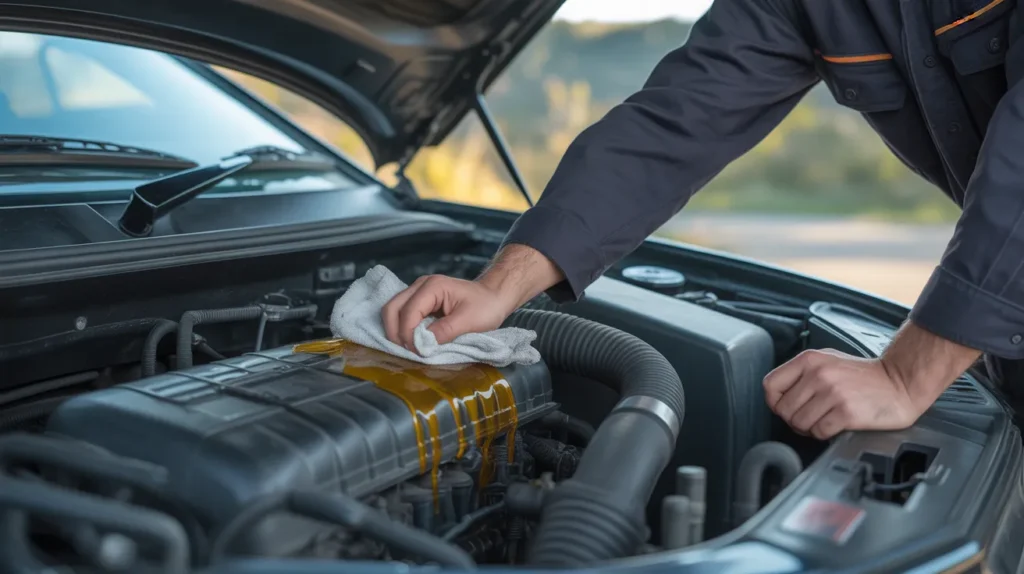 Mechanic cleaning engine after oil spill under the hood of a 2008 Honda Accord showing correct oil type care.