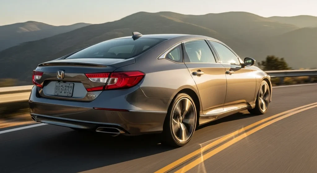 Rear view of a Honda Accord driving on a mountain road at sunset – Can I Put Premium Gas in My Honda Accord?