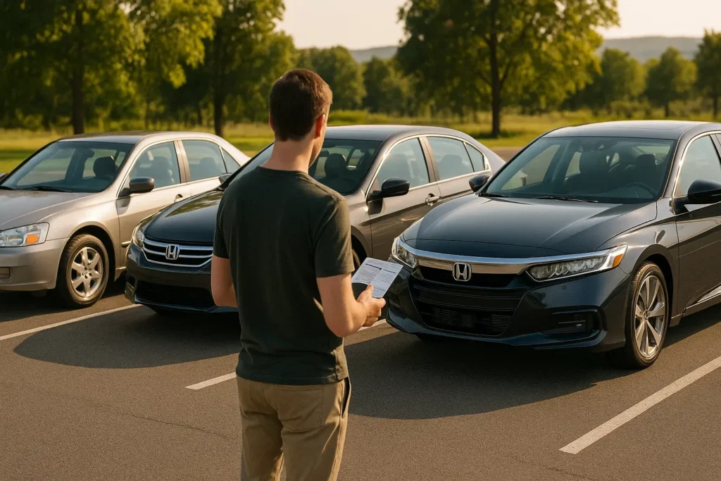 Buyer comparing Honda Accord years to avoid including older 2003 models versus reliable newer generations at dealership