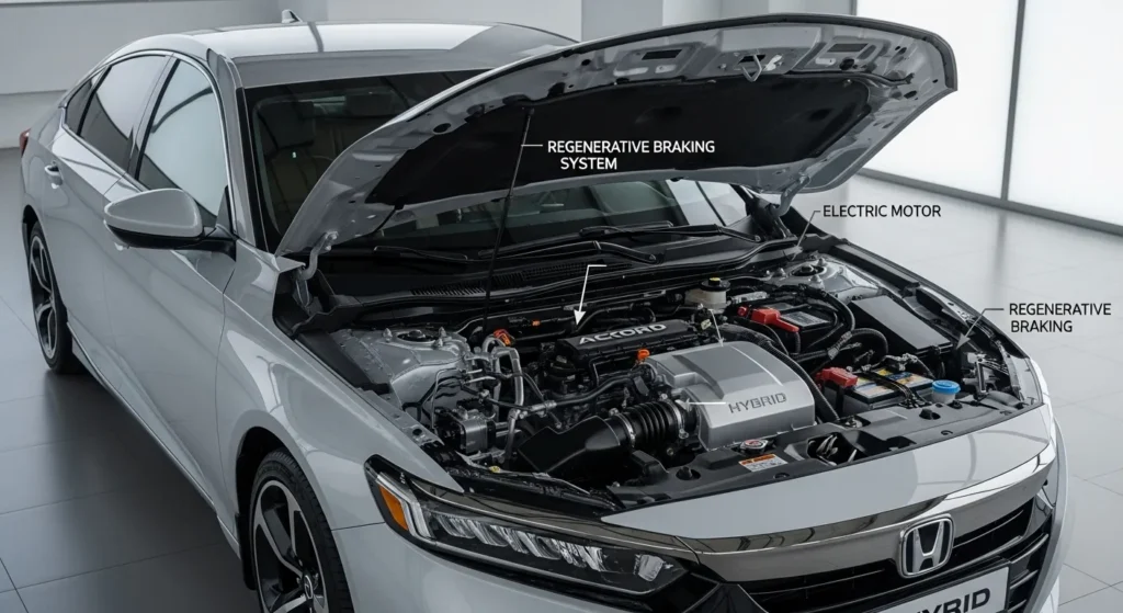 Engine view showcasing Honda Accord Hybrid MPG efficiency with electric motor and regenerative braking system.