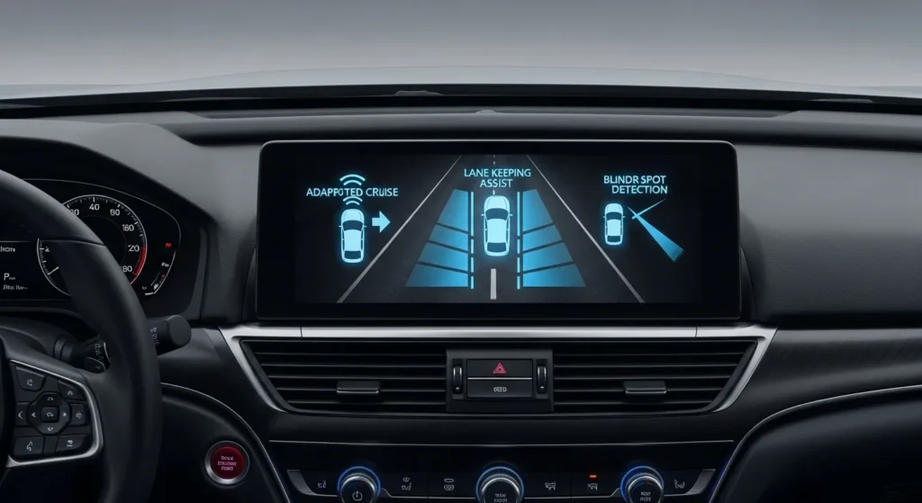 2025 Honda Accord dashboard showing blind spot detection, lane keeping assist, and adaptive cruise features.