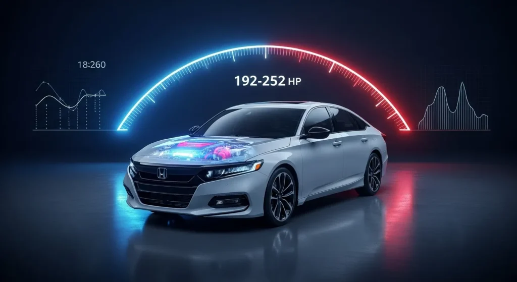 White Honda Accord Sport with digital horsepower gauge showing 192–252 HP — Honda Accord Sport horsepower guide 2025.