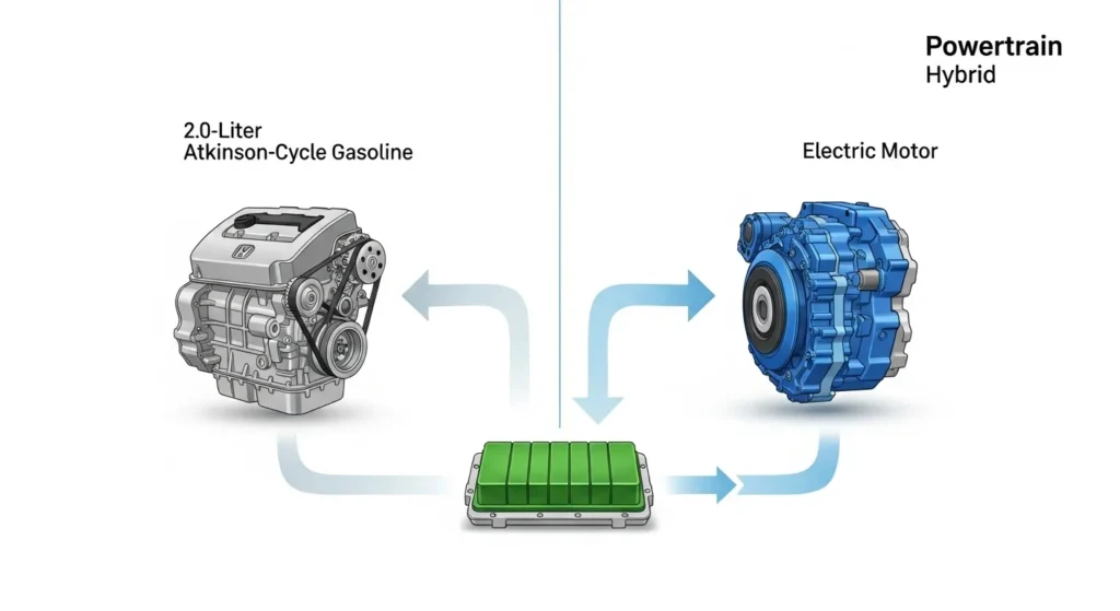 How Much Horsepower Does a 2024 Honda Accord Have — hybrid powertrain showing 2.0L engine and electric motor system.