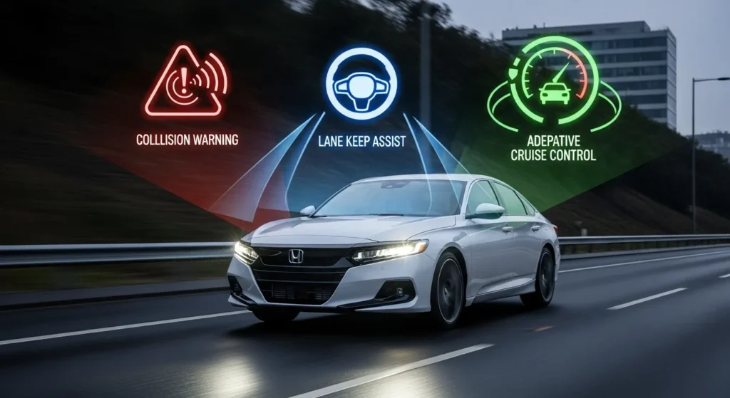 2022 Honda Accord Sport SE showing collision warning, lane keep assist, and adaptive cruise control features.