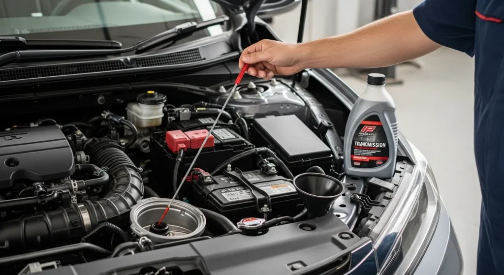 Mechanic checking transmission fluid on a Honda Accord to fix jerking issues during acceleration.