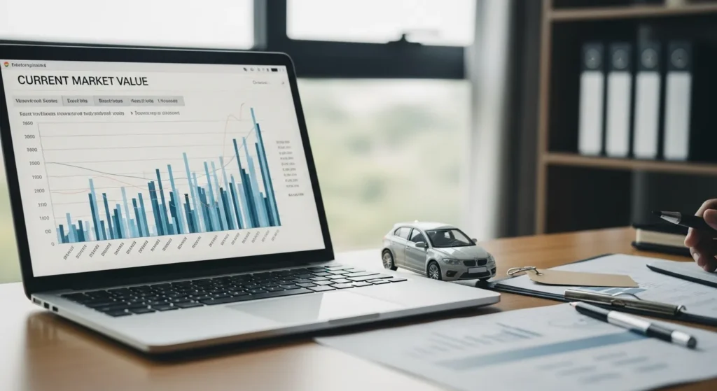 Laptop showing current market value graph with car model representing how much is a used 2010 Honda Accord worth