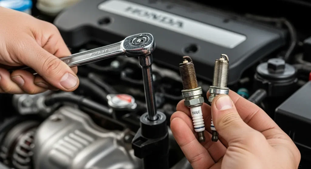 Mechanic replacing worn spark plugs on a Honda Accord engine to fix jerking during acceleration.