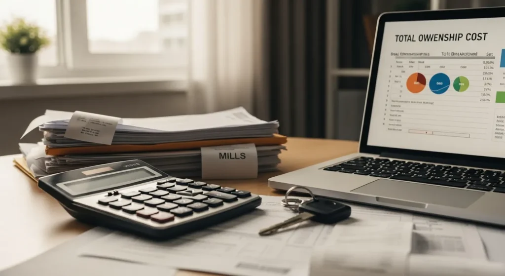 Car ownership cost breakdown on laptop with calculator, car keys, and documents — illustrating how much a used 2010 Honda Accord is worth.