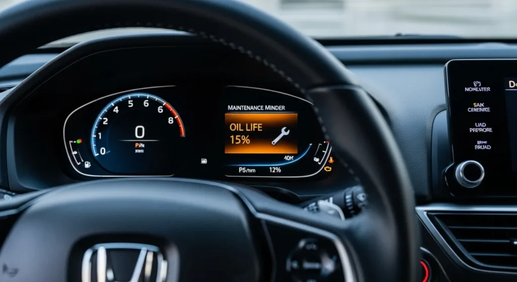 Honda Accord when to change oil – dashboard showing 15% oil life warning on Maintenance Minder display.