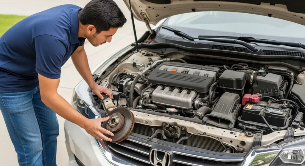 Man inspecting 2015 Honda Accord engine for maintenance to understand how long do 2015 Honda Accords last