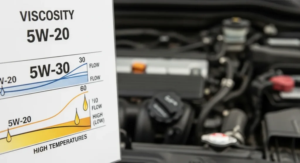 Viscosity chart showing 5W-20 and 5W-30 oil grades — recommended 2007 Honda Accord oil type for best performance.