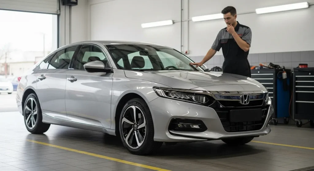 Mechanic inspecting a silver Honda Accord in a service center – Can I Put Premium Gas in My Honda Accord?
