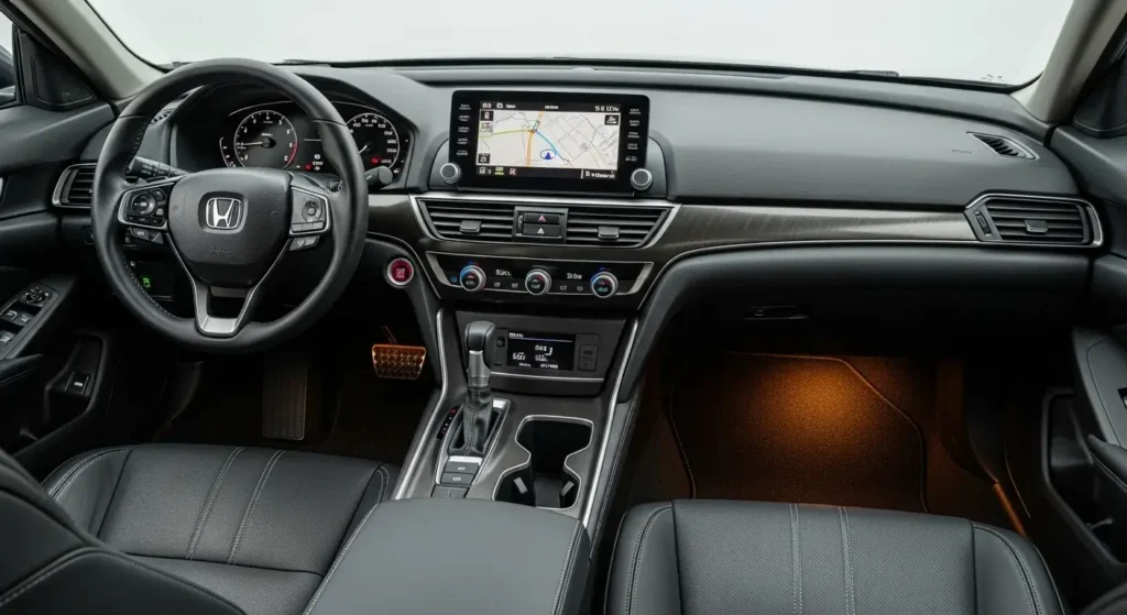 Interior view of the 2022 Honda Accord Sport SE showing leather seats, dashboard, and touchscreen display.