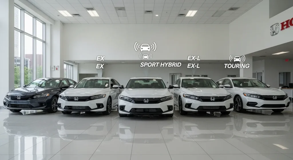 Different Honda Accord trims including EX, EX-L, Sport Hybrid, and Touring models – which Honda Accord has blind spot detection