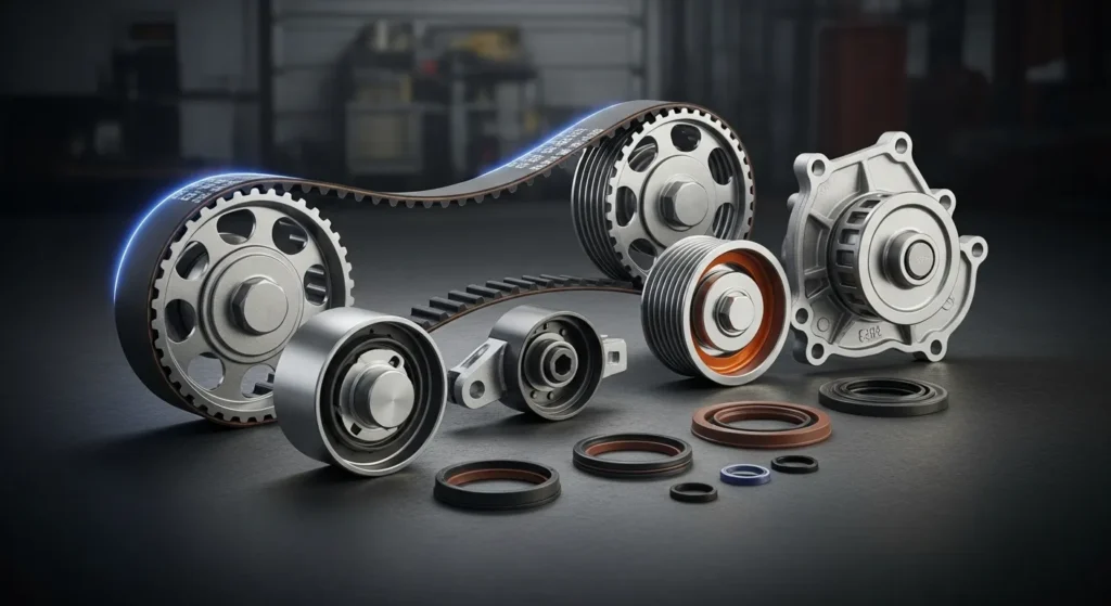 Cost to Replace a Timing Belt Honda Accord with full timing belt kit parts including pulleys, seals, and water pump."