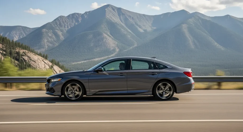 2022 Honda Accord Sport SE driving on highway with mountain backdrop showcasing sleek profile design