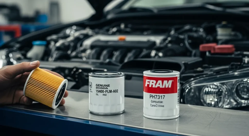 2007 Honda Accord oil filter comparison showing Genuine Honda 15400-PLM-A02 and Fram PH7317, highlighting oil filter options for the 2007 Honda Accord oil type.