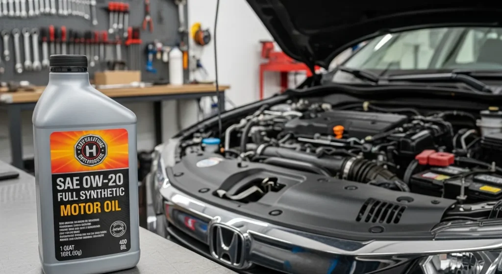 2016 Honda Accord Sport Oil Type with SAE 0W-20 full synthetic motor oil bottle beside open engine bay