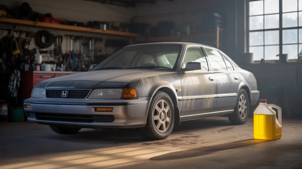 2008 Honda Accord oil type guide showing an Accord parked in a garage with engine oil container nearby