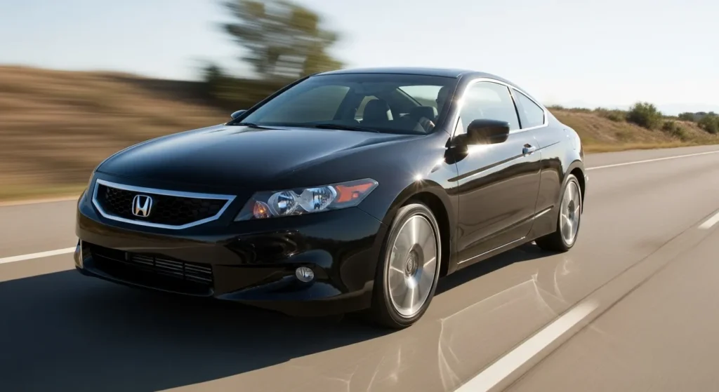 A 2010 Honda Accord cruising down a scenic road with trees lining the sides.
