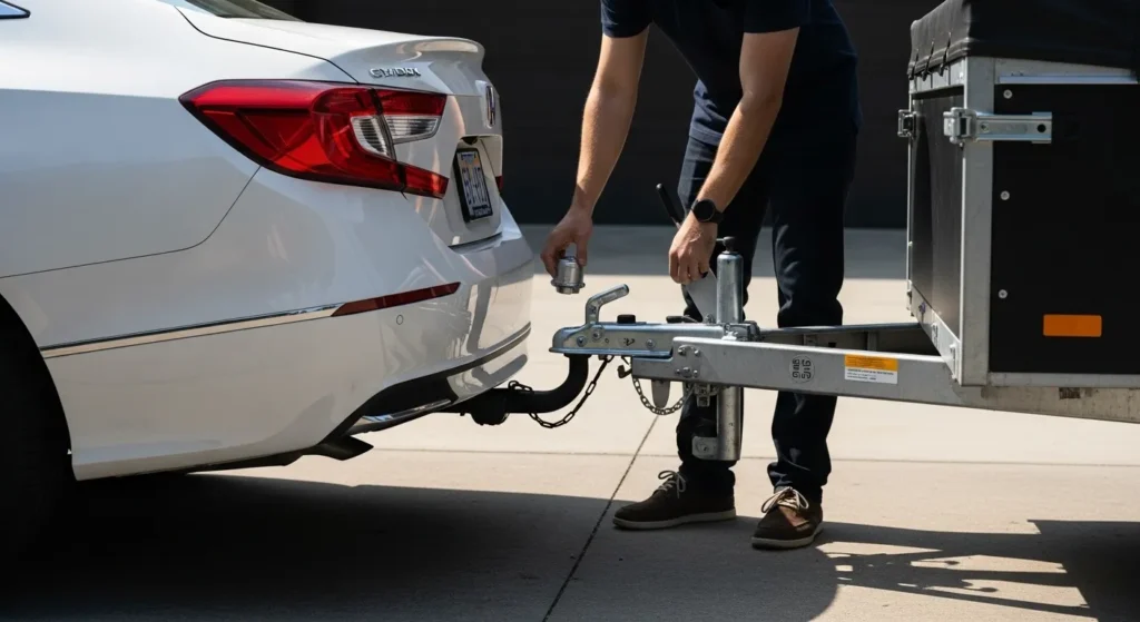 Person attaching a trailer hitch to a white Honda Accord — Can a Honda Accord pull a trailer safely.
