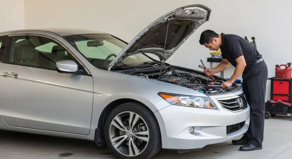 A man is engaged in fixing a car engine, surrounded by tools and parts in a garage setting.