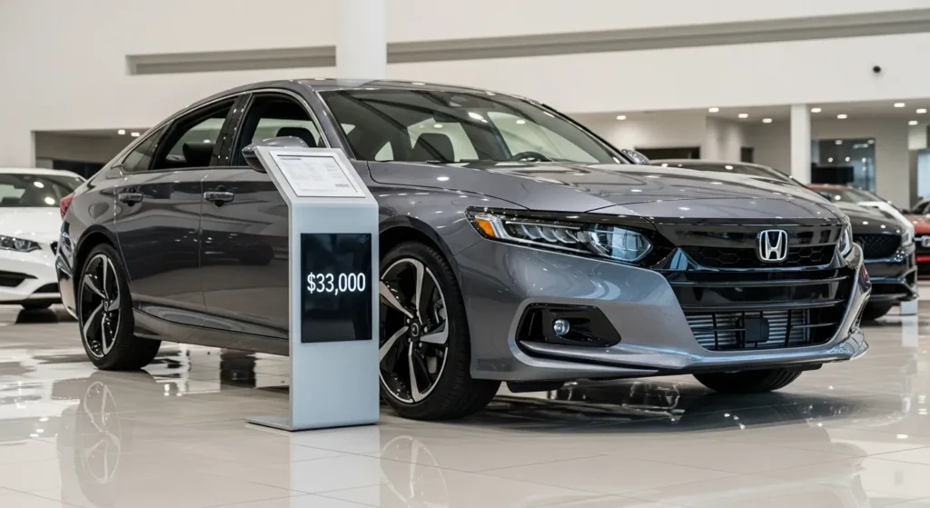 2022 Honda Accord Sport 2.0T displayed in a modern showroom with a $33,000 price tag on stand.