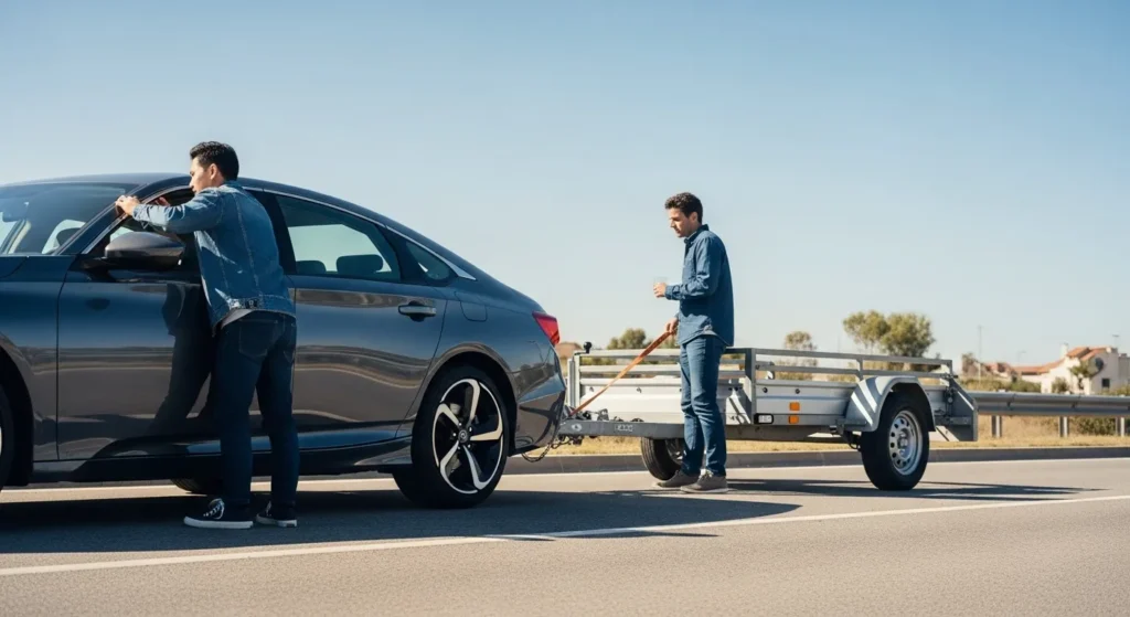 Honda Accord pulling a small trailer on open road — Can a Honda Accord pull a trailer safely.