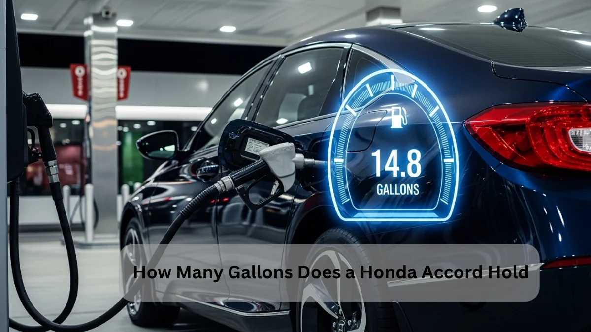 How Many Gallons Does a Honda Accord Hold – car at gas station showing 14.8-gallon fuel capacity.