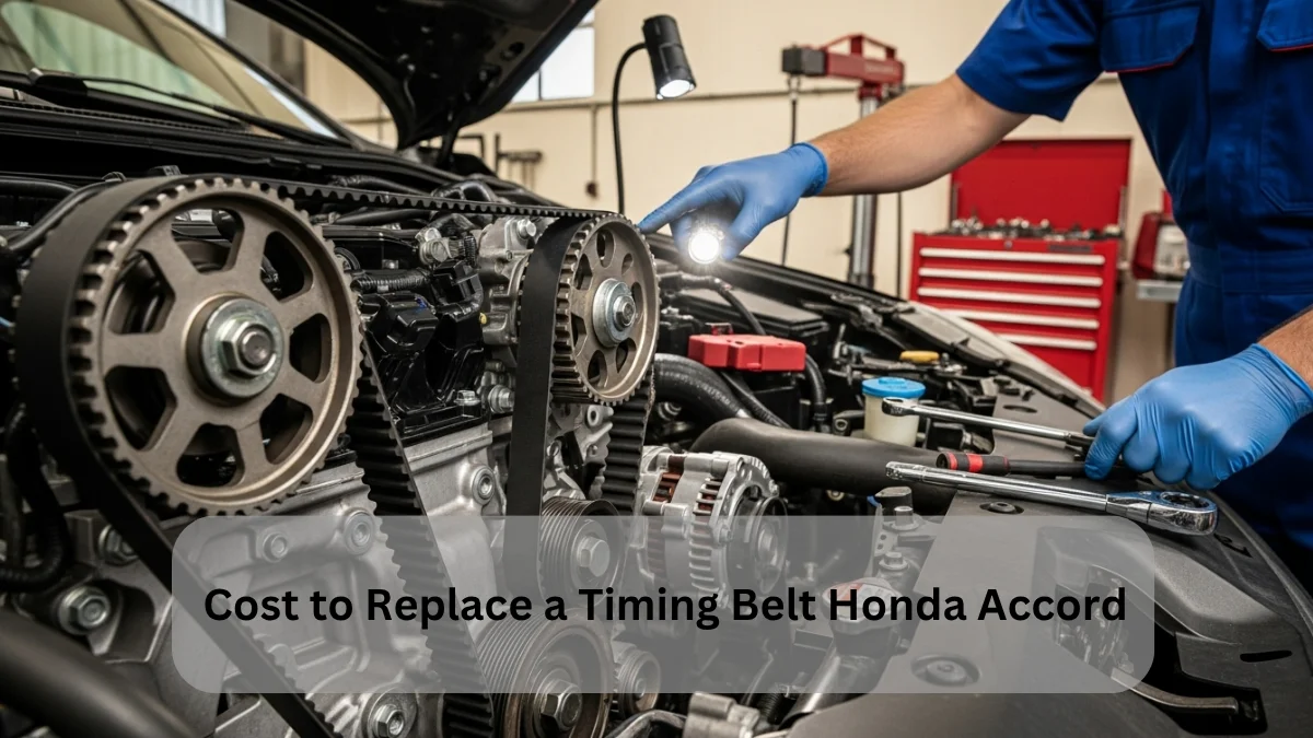 Mechanic replacing a timing belt on a Honda Accord engine, showing tools and parts – Cost to Replace a Timing Belt Honda Accord