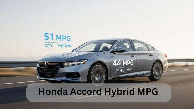 Honda Accord Hybrid MPG showing 51 MPG city and 44 MPG highway on open road, highlighting fuel efficiency.