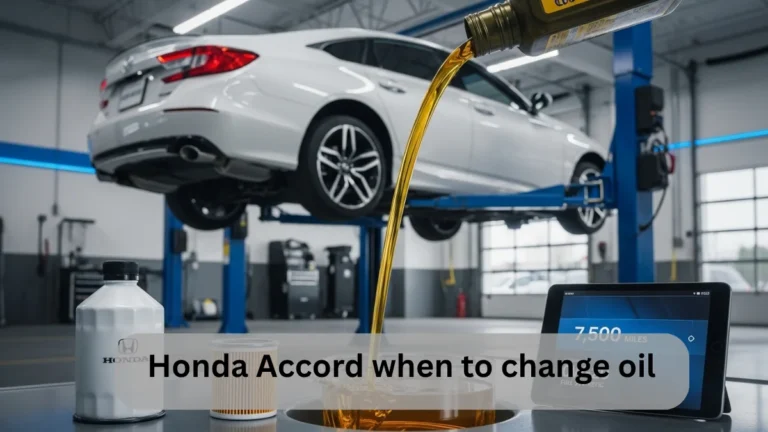 Honda Accord when to change oil – mechanic pouring synthetic oil during car maintenance in service garage.