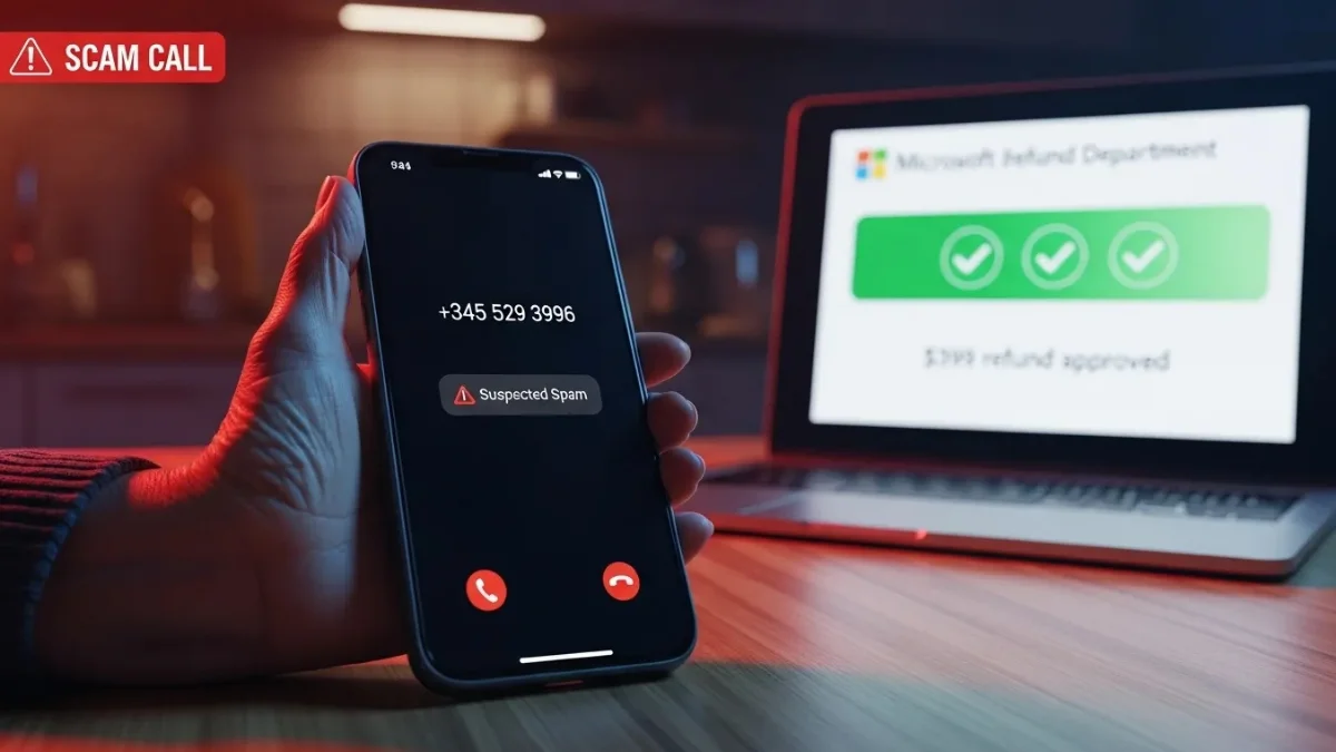 Phone screen showing a suspected spam call from 3455293996 while a laptop displays a refund message, highlighting a potential scam setup in the scene today.
